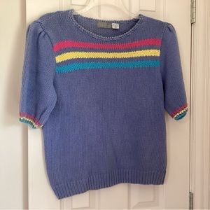 Vintage Sanger Harris blue Sz 40 short sleeve sweater colored stripes hand wash